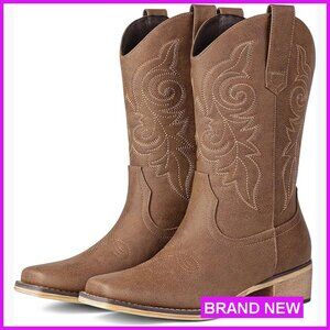 Square Toe Cowgirl Boots Mid Calf Retro Embroidery Chunky Heel Pull On